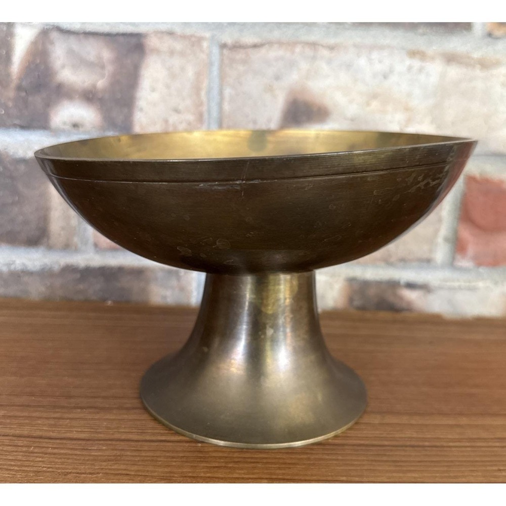 Brass Bowl Hand Etched Footed Pedestal Dish Vintage Marked India Boho